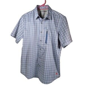 Desert Dunes Blue Plaid Short Sleeve Button Front Shirt Poly Blend Mens Medium